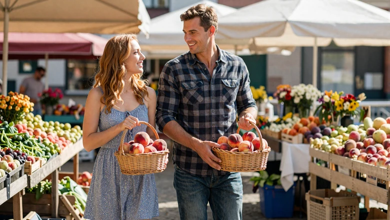 Young couple walking through a sunny outdoor farmer's market holding a basket of fresh peaches, country first date idea