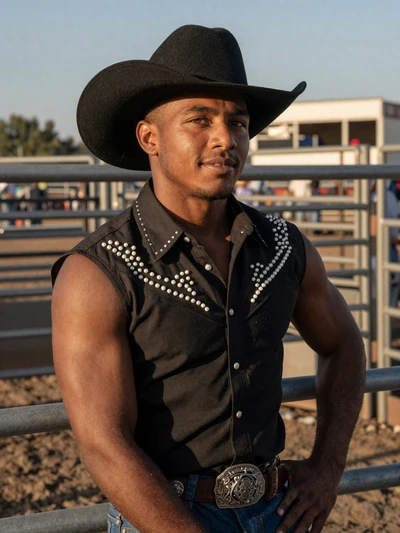 Travis, 29, Texas bull rider at a rodeo arena leaning on the railing in his cowboy hat