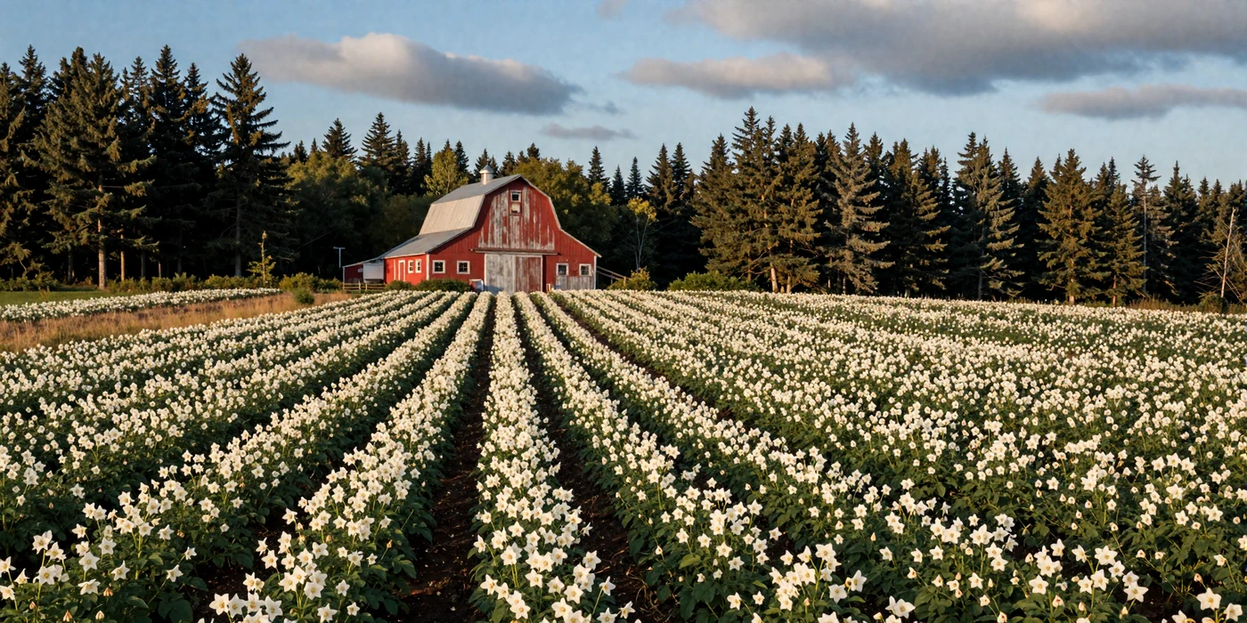 Maine potato fields blooming white in Aroostook County with a red New England barn and pine forest backdrop at golden hour