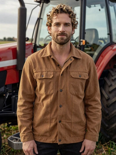 Caleb, a 42-year-old Christian rancher from Montana next to a tractor in a green field