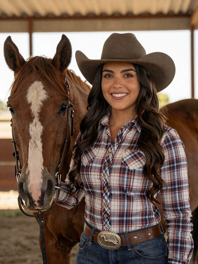 Clara, 30, Texas barrel racer standing with her quarter horse near a rodeo arena
