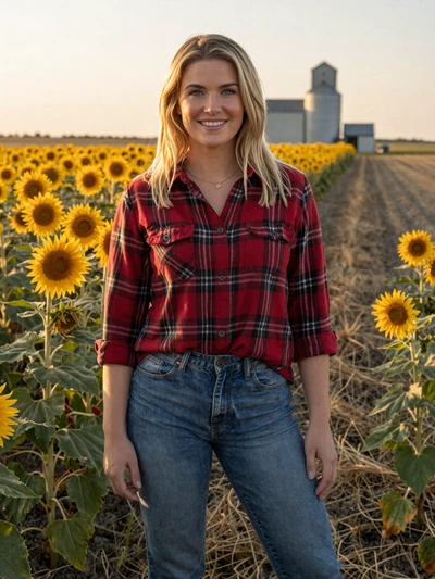 Kayla, 29, Kansas wheat and sunflower grower smiling in western Kansas field at sunset