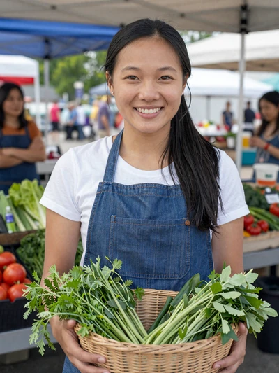 Mai, a 34-year-old Hmong-American farmer holding fresh herbs at a Minnesota farmers market