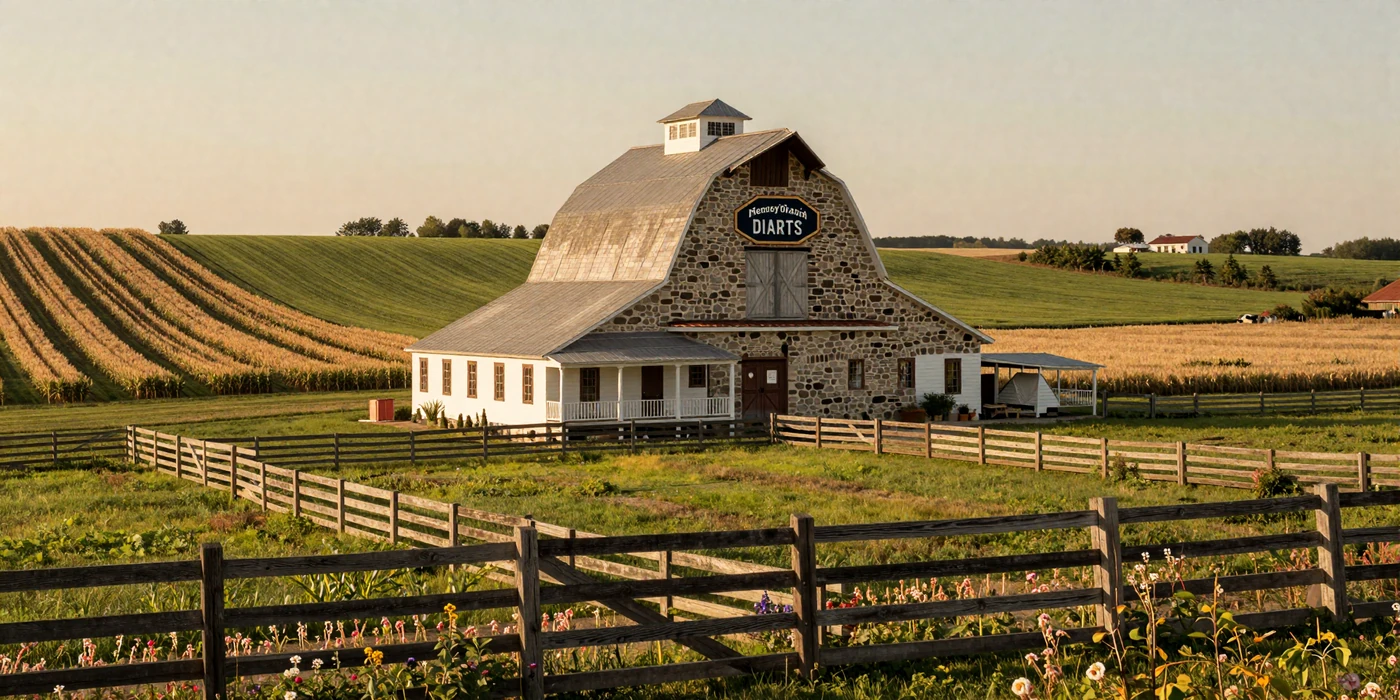 Scenic American farmstead with Germanic stone barn and rolling green fields at golden hour, european farmers dating