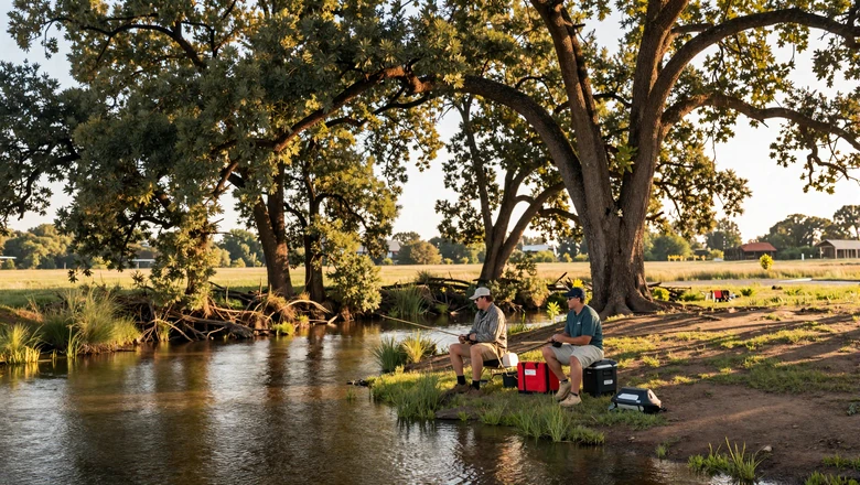Two people fishing side by side on a peaceful creek bank with golden light filtering through oak trees, rural dating scene
