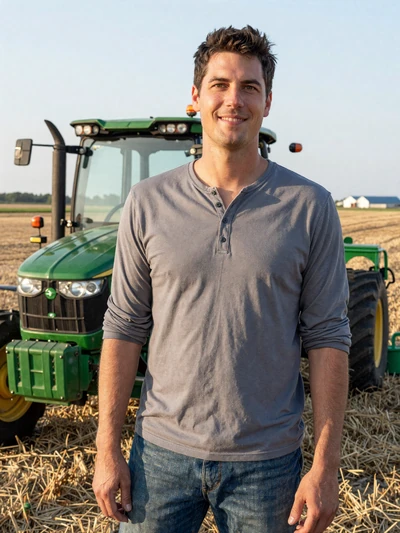 Derek, 38, Wisconsin grain farmer standing next to a tractor in a harvested field with late afternoon light
