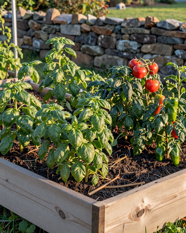 Thriving organic herb and vegetable garden with raised beds in morning light on a New England farm, jewish agricultural heritage