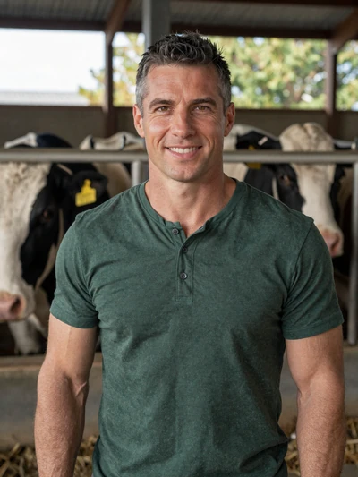 Mark, a 45-year-old Christian dairy farmer from Wisconsin in a dairy barn