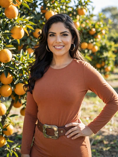 Elena, a 37-year-old citrus farm owner standing in her thriving Florida orange grove with ripe fruit on trees