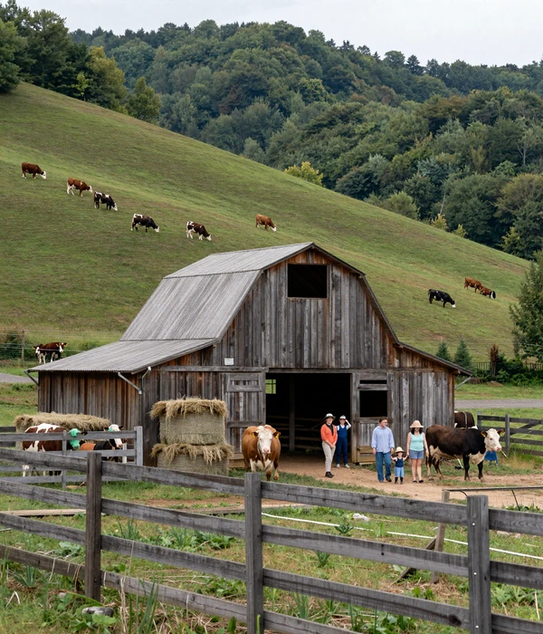 Small family cattle farm in West Virginia Appalachian mountains with weathered barn and Hereford cattle grazing on steep green hillside