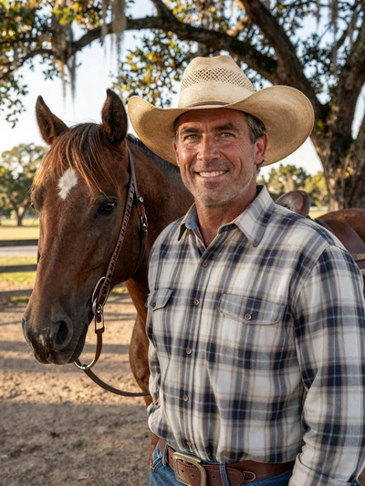Cole, 45, Florida rancher standing next to a Quarter Horse on a central Florida ranch with live oaks and Spanish moss