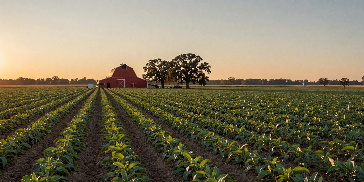 Golden sunset over lush green farmland in the American South with rows of crops and a classic red barn, black farmers dating