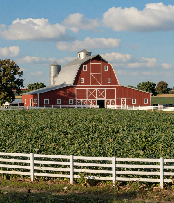 Classic Indiana red barn surrounded by soybean fields in the Hoosier Corn Belt countryside