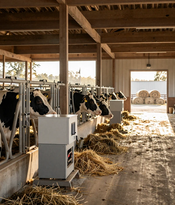 Wisconsin dairy barn interior with morning sunlight, Holstein cows in milking parlor stanchions and hay bales stacked in the background