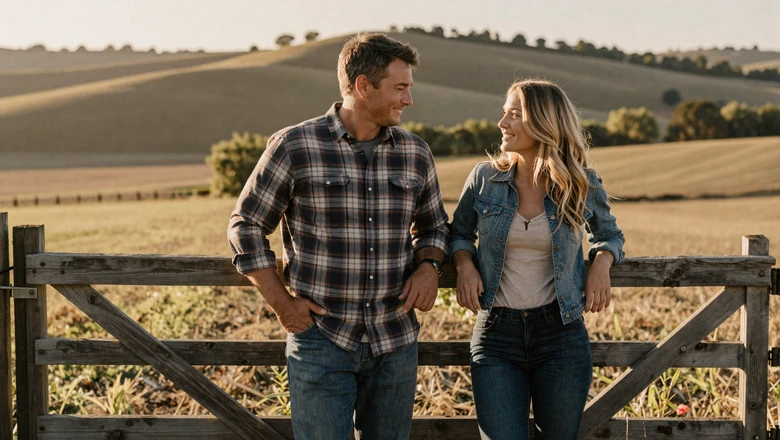 Farmer couple standing together at a wooden gate with golden farmland stretching behind them at sunset