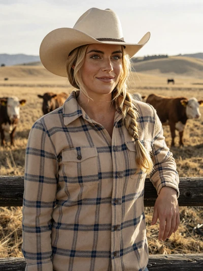 Hannah, 31, California cattle rancher leaning on fence in golden pasture near Bakersfield