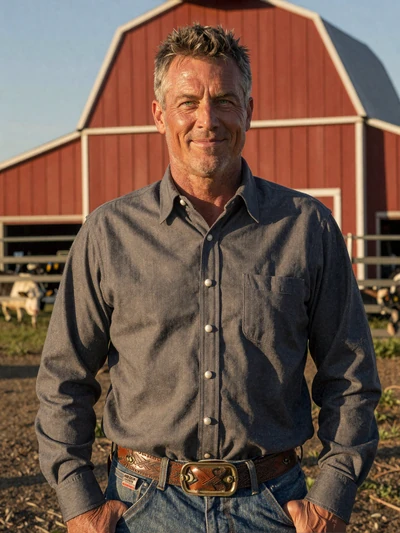 Jackson, a 48-year-old successful cattle rancher standing in front of his large barn in Texas with rolling pastures behind