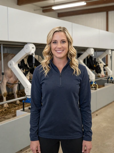 Claire, a 35-year-old dairy operations manager standing inside a modern robotic milking parlor in Wisconsin