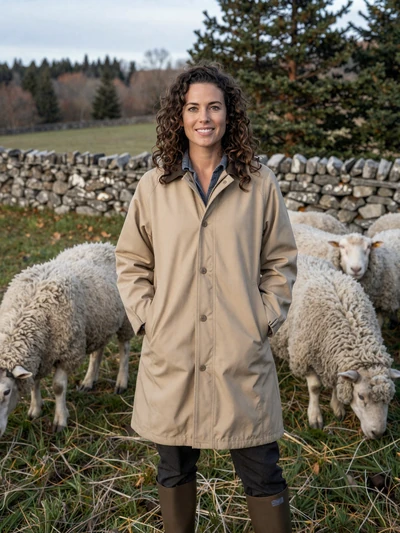 Meredith, 36, Maine sheep farmer smiling in pasture with white sheep and stone wall in Knox County