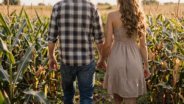 Farming couple walking hand in hand through a sunlit cornfield, how to date a farmer guide