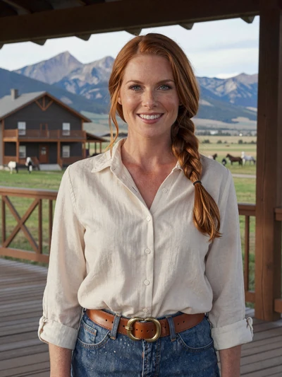Sarah, a 39-year-old ranch owner on her Montana property porch with mountains and horse pastures behind