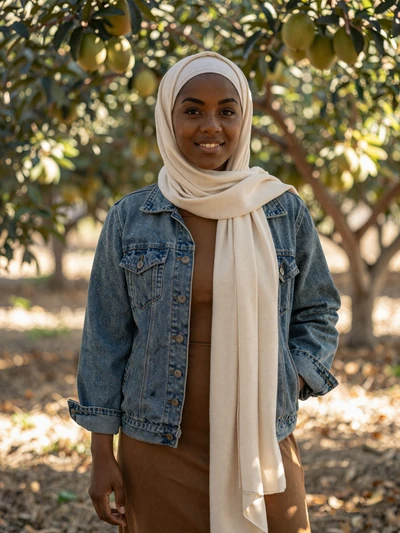 Fatima, a 32-year-old Moroccan-American farmer standing in her California orchard