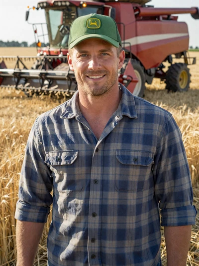 Jake, 38, Kansas wheat farmer smiling in front of golden wheat field in Barton County