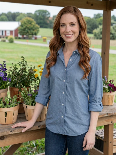 Sarah, a 35-year-old Jewish-American farmer at her Hudson Valley farm stand with fresh herbs and flowers