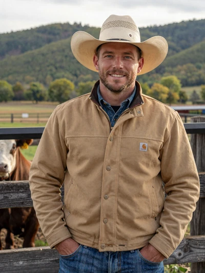 Travis, 41, Missouri cattle rancher smiling near a corral fence in the Ozarks hills of Laclede County