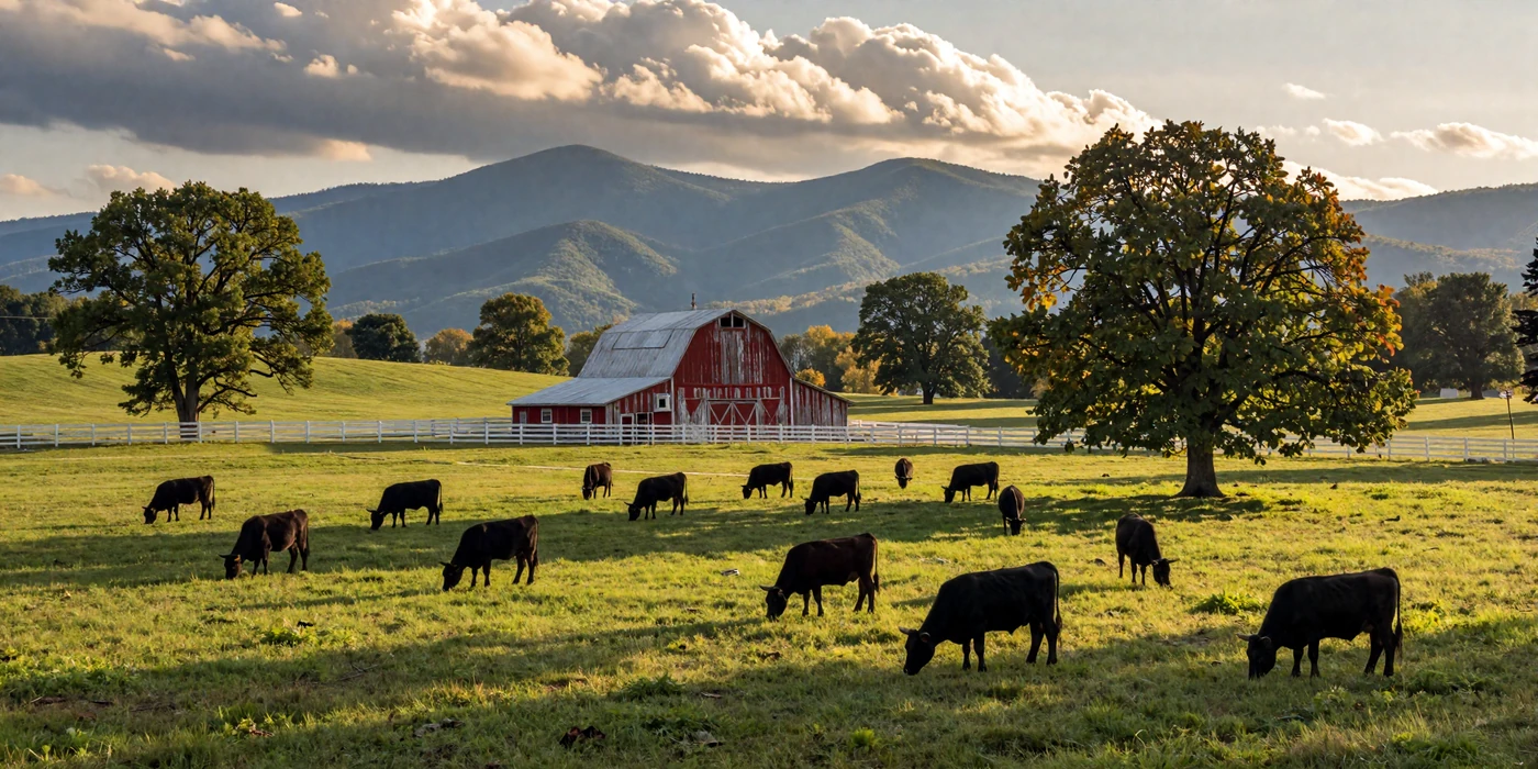 Tennessee rolling green pastures with cattle grazing near a red barn and the Great Smoky Mountains in the distance at golden hour