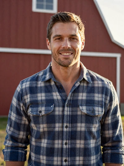 David, a 38-year-old Christian farmer from Indiana smiling in front of a red barn