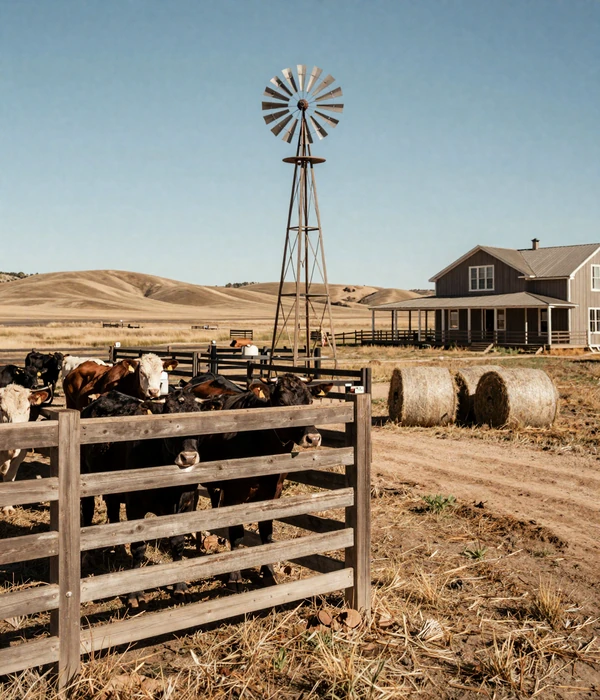 Nebraska cattle ranch with Hereford and Angus cattle in a wooden corral set against rolling Sandhills grassland and a working windmill