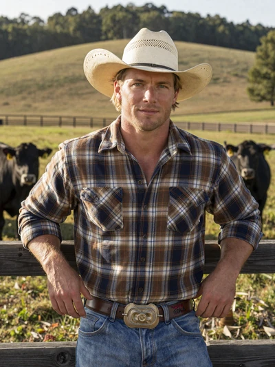 Wade, 44, Alabama cattle rancher leaning on a fence with Angus cattle in the foothills of Blount County