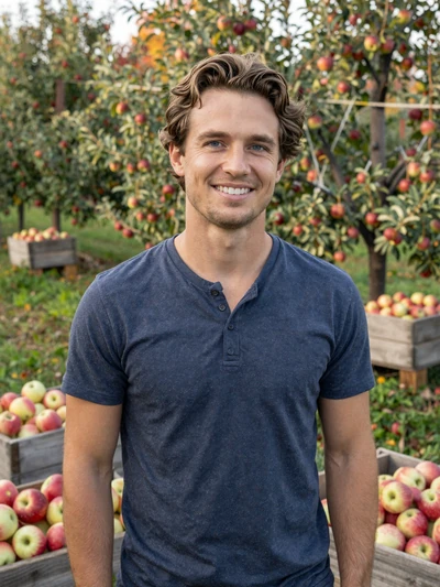 Noah, a 37-year-old Jewish-American farmer standing with apple crates in his Wisconsin orchard in autumn