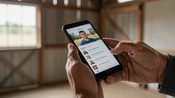 Farmer holding smartphone with dating app in barn, online dating safety for farmers