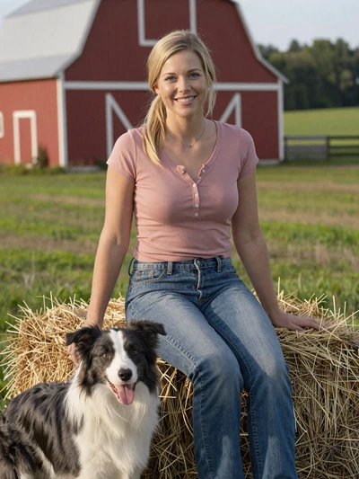 Hannah, 29, Illinois mixed farmer sitting on a hay bale with her border collie near a red barn in Sangamon County