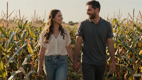 Farming couple holding hands walking through a sunlit cornfield, how to date a farmer guide