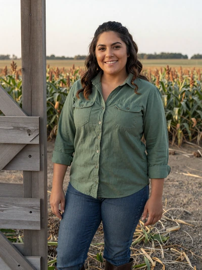 Maria, 35, Kansas mixed farmer smiling beside a barn door with sorghum field in Sedgwick County