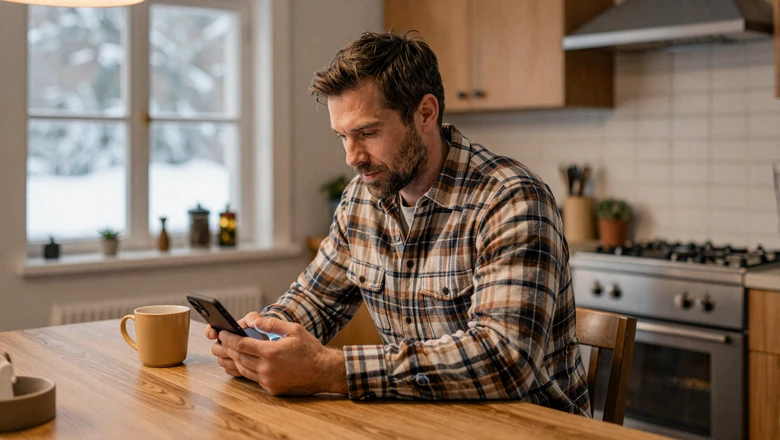 Farmer browsing a dating app on his phone at a cozy farmhouse kitchen table with snow outside the window