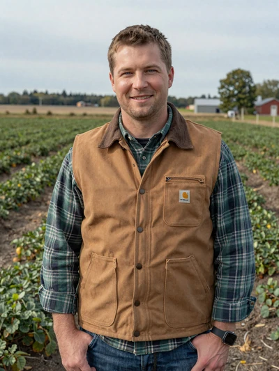 Jake, 38, Maine potato farmer smiling in Aroostook County potato field wearing flannel and Carhartt vest