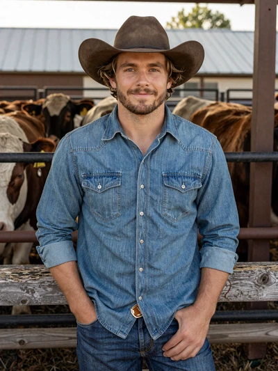 Cody, 38, Indiana cattle rancher beside pen with Hereford cows