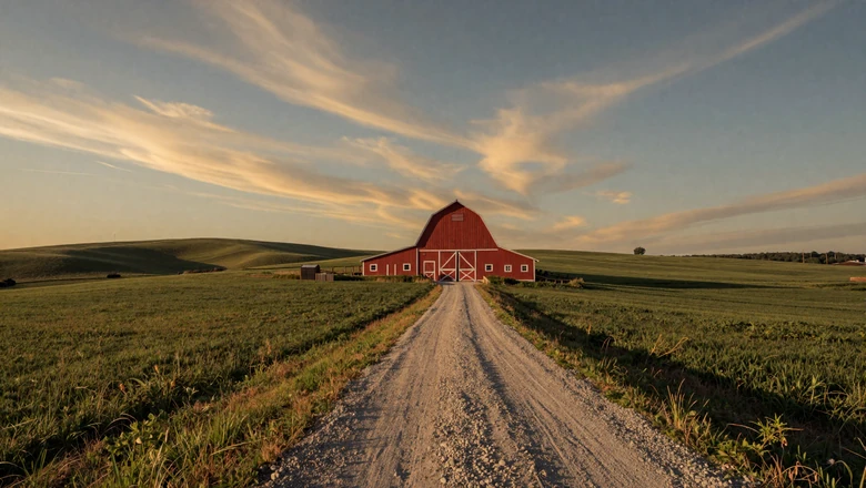 Isolated red barn on vast farmland with a single road, illustrating rural dating challenges