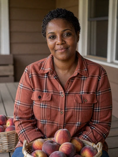 Tanya, a 41-year-old Black farmer woman on a farmhouse porch with fresh peaches in Florida