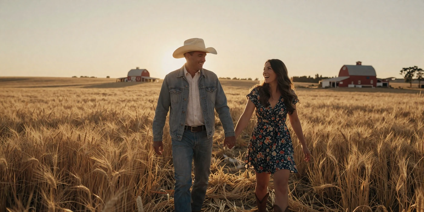 Happy farming couple walking through golden wheat field at sunset, real farmer dating success story