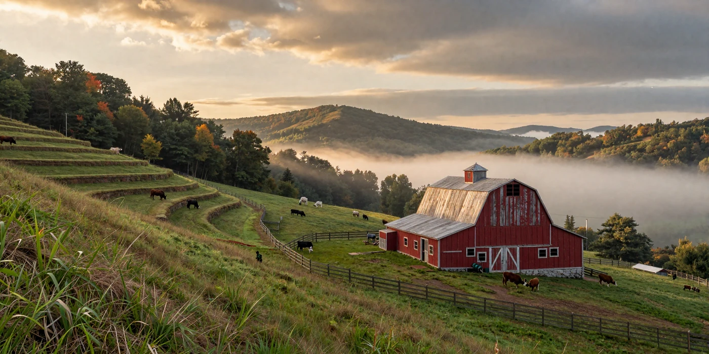 West Virginia Appalachian mountain farm with red barn on steep hillside surrounded by lush green pastures and morning fog in the valley