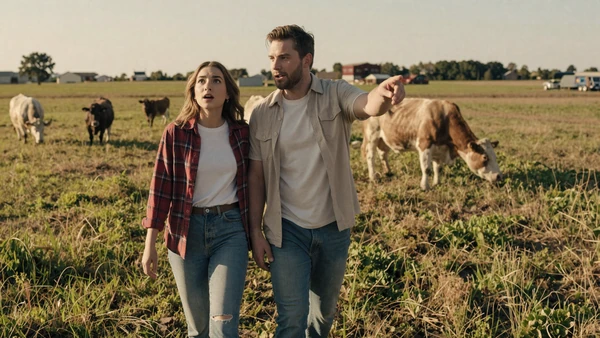 Couple walking through a green pasture together, what to expect when dating a farmer