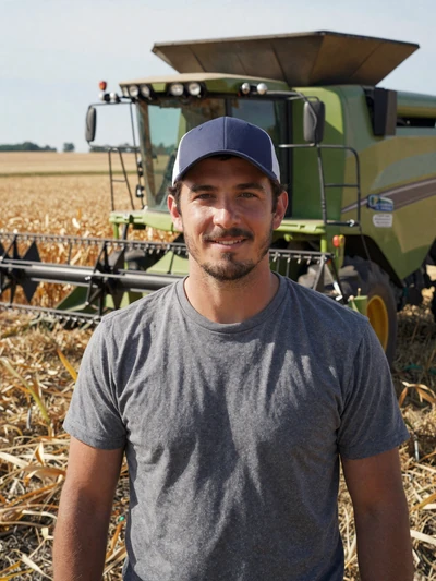 Derek, 39, Ohio grain farmer standing in front of combine harvester in Auglaize County cornfield
