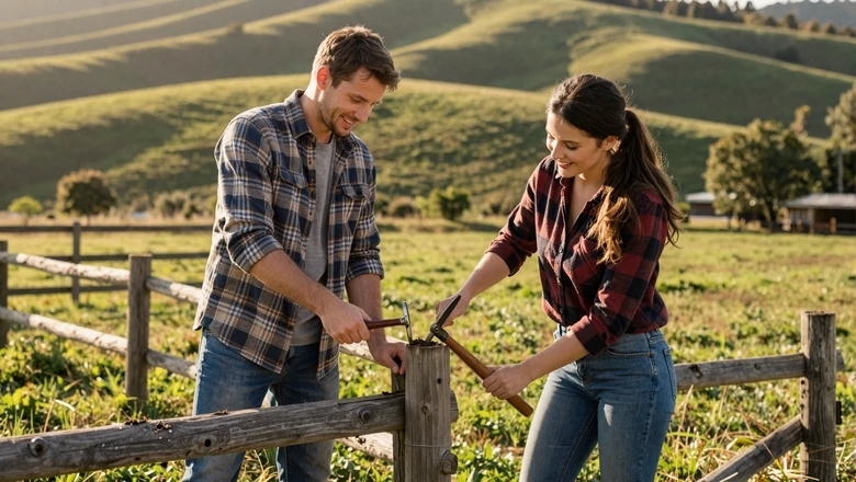 Farming couple working together to repair a fence in a green pasture at golden hour