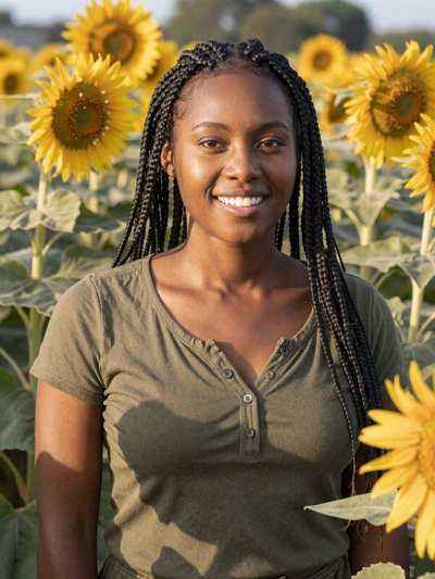 Keisha, a 37-year-old Black farmer woman standing among sunflowers on her Tennessee farm