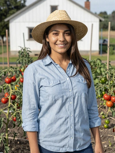 Maria, 36, Illinois mixed farmer smiling in her vegetable garden in Jackson County